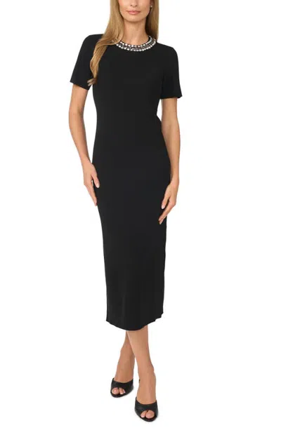 Cece Embellished Neck Sweater Midi Dress In Rich Black