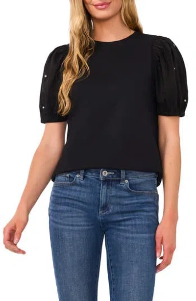 Cece Embellished Puff Sleeve Mixed Media Top In Black