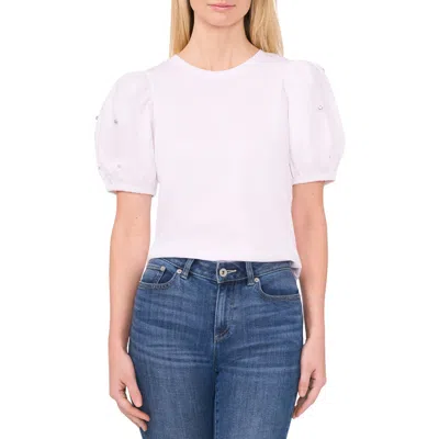 Cece Embellished Puff Sleeve Mixed Media Top In Ultra White