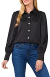 Cece Long Sleeve Blouse With Rhinestone Buttons & Exaggerated Collar In Rich Black