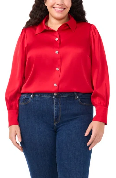 Cece Embellished Satin Button-up Shirt In Stoplight Red