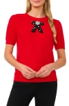 Cece Embellished Velvet Bow Short Sleeve Sweater In Bright Cherry