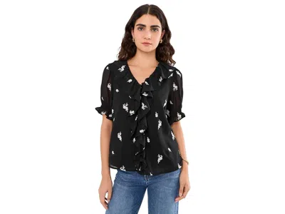 Cece Embrodiery Linen Ruffled Pintuck Elbow Sleeve Top Women's Clothing Rich Black: Sm