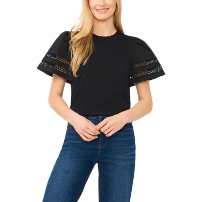 Cece Embroidered Detail Short Sleeve Cotton Top In Black