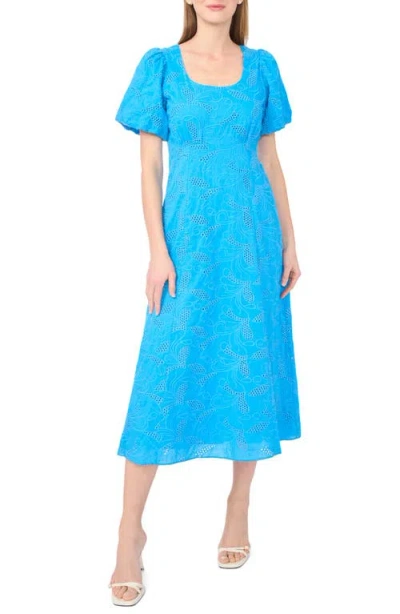 Cece Embroidered Eyelet Bubble Sleeve Cotton Midi Dress In Blue