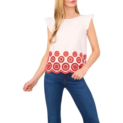 Cece Embroidered Eyelet Ruffle Shoulder Cotton Top In Neutral