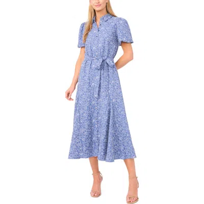 Cece Embroidered Floral Chambray Midi Shirtdress In Blue