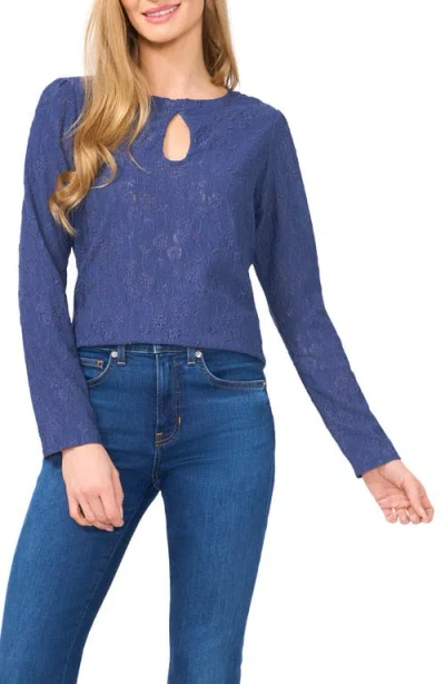 Cece Embroidered Floral Keyhole Neck Top In Ocean Blue