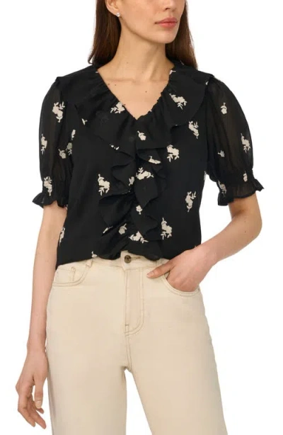 Cece Embroidered Ruffle Puff Sleeve Top In Black