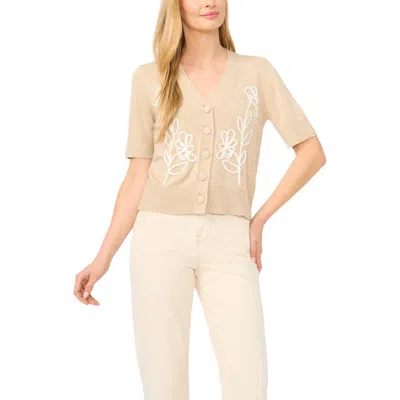 Cece Embroidered Floral Short Sleeve Cardigan In Brown