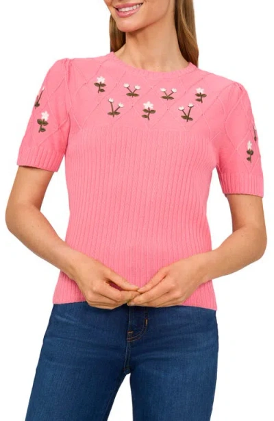 Cece Embroidered Flowers Rib Sweater In Confetti