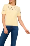 Cece Embroidered Flowers Rib Sweater In Lemon Drop