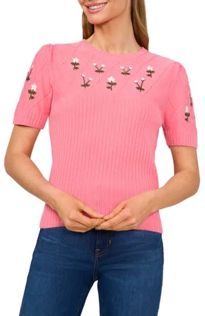 CECE CECE EMBROIDERED FLOWERS RIB SWEATER