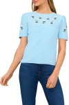 Cece Embroidered Flowers Rib Sweater In Waterfall