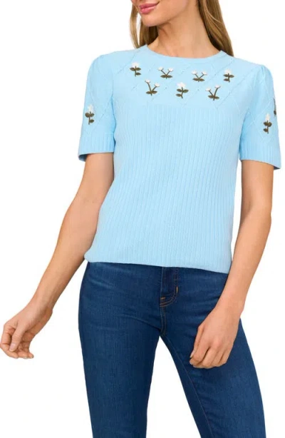 Cece Embroidered Flowers Rib Sweater In Waterfall