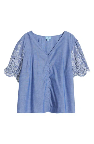 Cece Embroidered Flutter Sleeve Chambray Top In Blue Air
