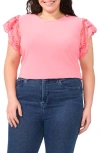 Cece Embroidered Flutter Sleeve Mixed Media Top In Pink