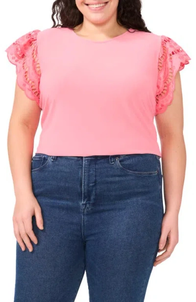 Cece Embroidered Flutter Sleeve Mixed Media Top In Pink