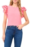 Cece Embroidered Flutter Sleeve Mixed Media Top In Pink