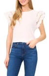 Cece Embroidered Flutter Sleeve Mixed Media Top In New Ivory