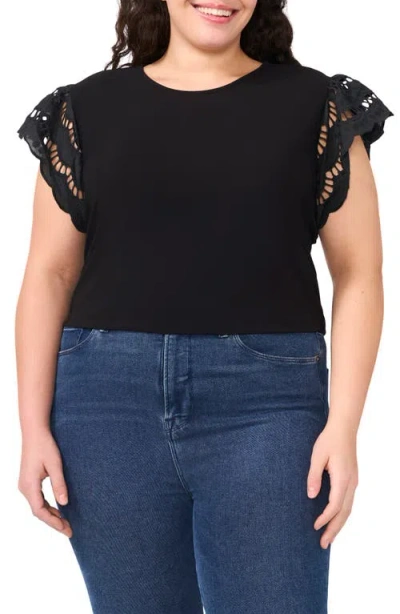 Cece Embroidered Flutter Sleeve Mixed Media Top In Black
