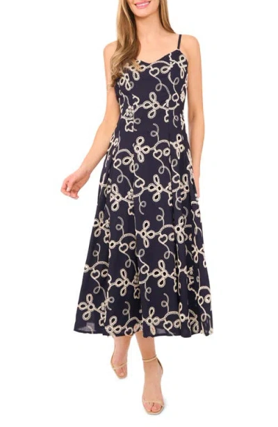 Cece Embroidered Godet Pleat Cotton A-line Dress In Blue