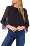 Cece Embroidered Heart Bell Sleeve High-low Top In Black