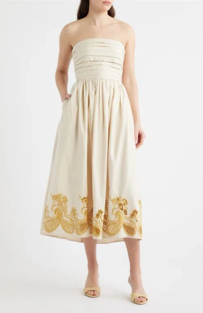 Cece Embroidered Pintuck Strapless Maxi Dress In Neutral