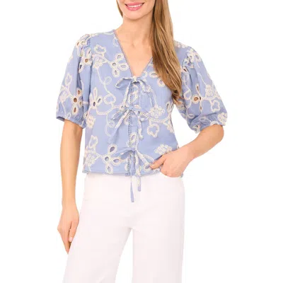 Cece Embroidered Puff Sleeve Cotton Top In Blue