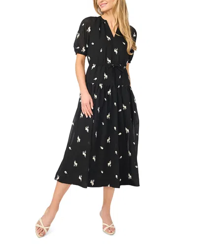 Cece Embroidered Puff Sleeve Tie Waist Midi Dress In Black