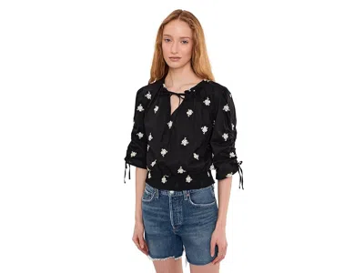 Cece Embroidered Ruched Sleeve Smocked Top In Black
