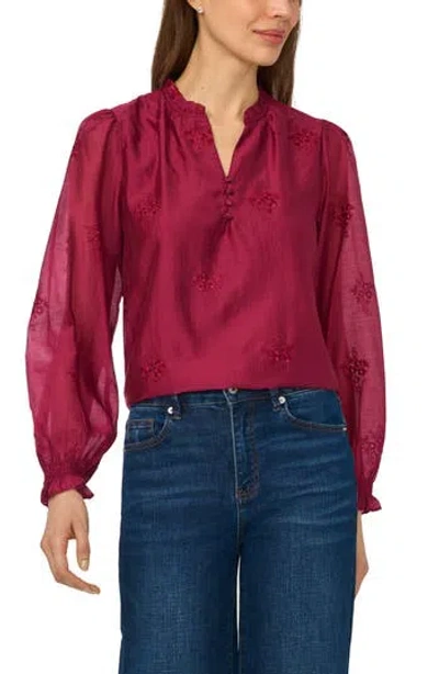 Cece Embroidered Ruffle Neck Top In Burgundy