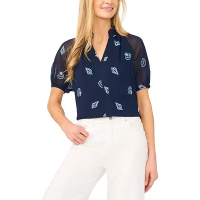Cece Embroidered Ruffle Puff Sleeve Top In Blue