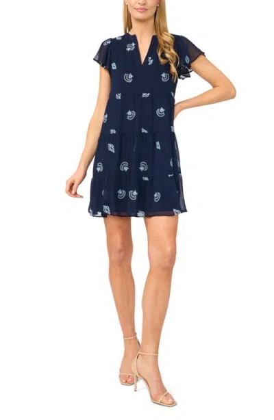 Cece Embroidered Shell Detail Flutter Sleeve Minidress In Blue