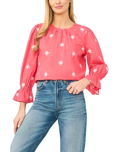 Cece Embroidered Ruffle Sleeve Top In Red
