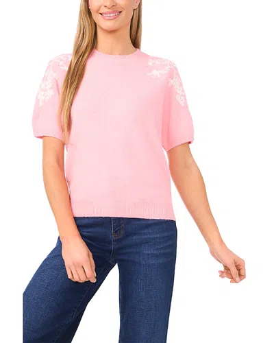 Cece Embroidered Short Sleeve Sweater In Pink