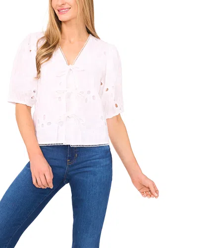 Cece Embroidered Short Sleeve Tie Front Top In White