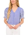 Cece Women's Cotton Floral Puff Sleeve V-neck Blouse In Blue Air
