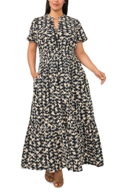 Cece Embroidered Split Neck Tiered Cotton Maxi Dress In Black