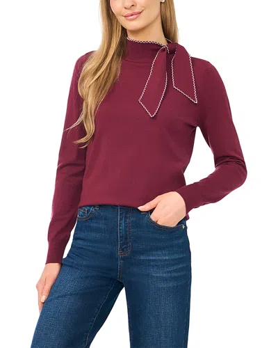 Cece Embroidered Tie Neck Sweater In Burgundy