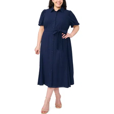 Cece Embroidered Tie Waist Maxi Shirtdress In Blue