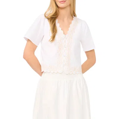 Cece Embroidered V-neck Crop Stretch Cotton Button-up Shirt In White