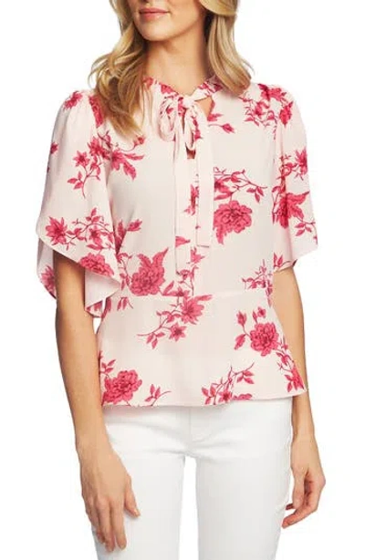 Cece Etched Floral Tie Neck Blouse