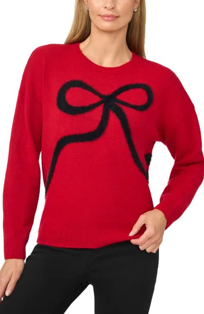 Cece Eyelash Bow Crewneck Sweater In Red