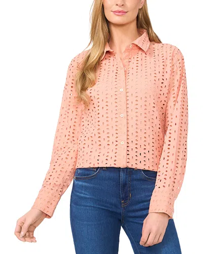 Cece Eyelet Button Down Blouse In Pink