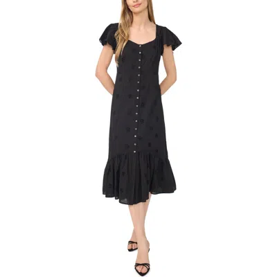 Cece Eyelet Flutter Sleeve Button Down Midi Dress In Black