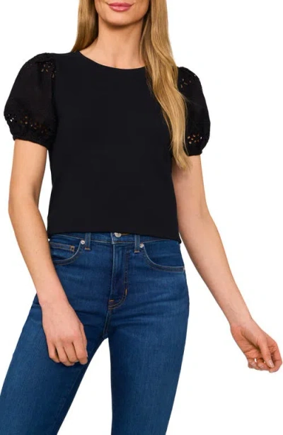 Cece Eyelet Puff Sleeve T-shirt In Black