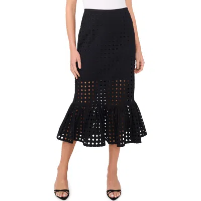 Cece Eyelet Ruffle Hem Cotton Midi Skirt In Rich Black