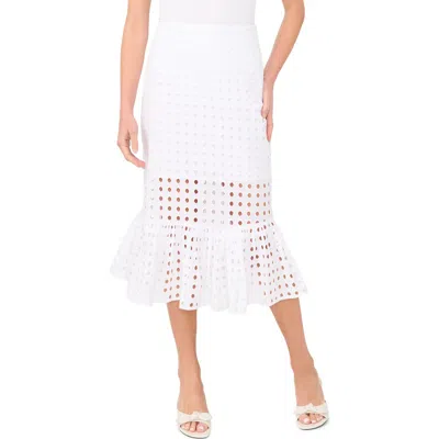 Cece Eyelet Ruffle Hem Cotton Midi Skirt In White