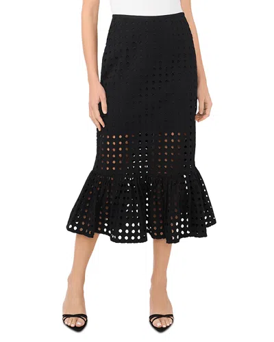 Cece Eyelet Ruffle Hem Cotton Midi Skirt In Black